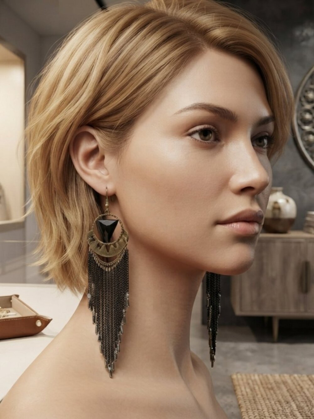 Festive Bohemian fashion black gold tassel fish hook earring